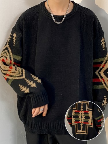 Plus Size Men's Stylish Creative Cross Pattern Print Knit Sweater for Spring, Fall, and Winter - Fashion Casual Pullover for Everyday Wear