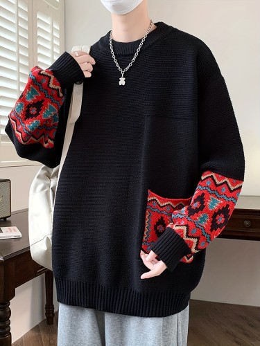 Men's Geometric Print Crew Neck Sweater - Loose Fit, Long Sleeve, Casual Knitted Pullover for Fall and Winter, Graphic Print Design