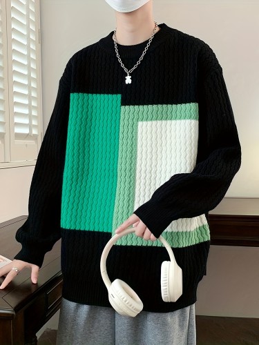 Stylish Geometric Print Knitted Crew Neck Pullover - Men's Casual Long Sleeve Sweater for Fall Winter - Soft, Cozy, and Versatile