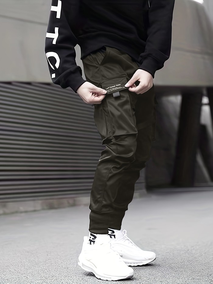 Mens Versatile Black Cargo Pants - Relaxed Fit with Multiple Pockets - Comfortable Streetwear for Casual and Outdoor Wear