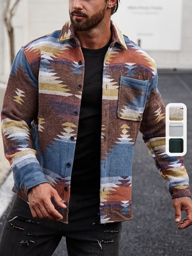 Stylish Tribal Geometry Shirt - Button-Down Shirts with Chest Pocket, Casual Lapel, Long Sleeve, Fall Winter Outdoor Wear, Perfect for Men's Casual Daily Life and Outdoor Activities