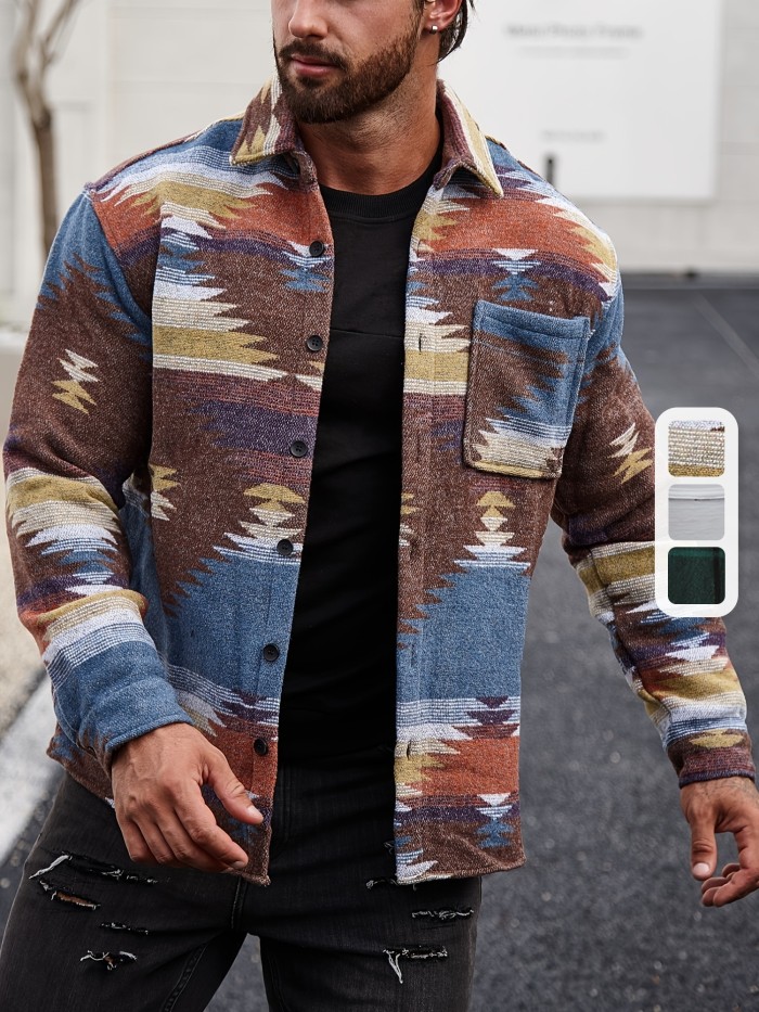 Stylish Tribal Geometry Shirt - Button-Down Shirts with Chest Pocket, Casual Lapel, Long Sleeve, Fall Winter Outdoor Wear, Perfect for Men's Casual Daily Life and Outdoor Activities
