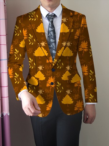 Men's Elegant Vintage Leaves Print Blazer Jacket, Regular Fit, Button Closure, Suit Lapel, All-Season Wear