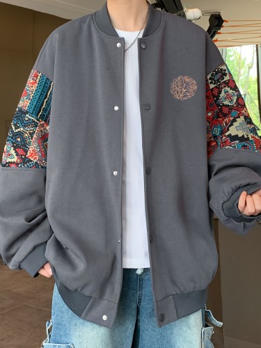 Men's Casual Cotton Blend Bomber Jacket with Embroidered American Patchwork, Loose Fit, Woven, Baseball Collar, Solid Color