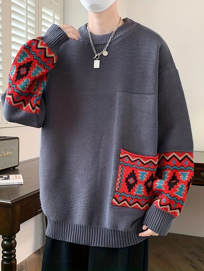 Men's Geometric Print Crew Neck Sweater - Loose Fit, Long Sleeve, Casual Knitted Pullover for Fall and Winter, Graphic Print Design