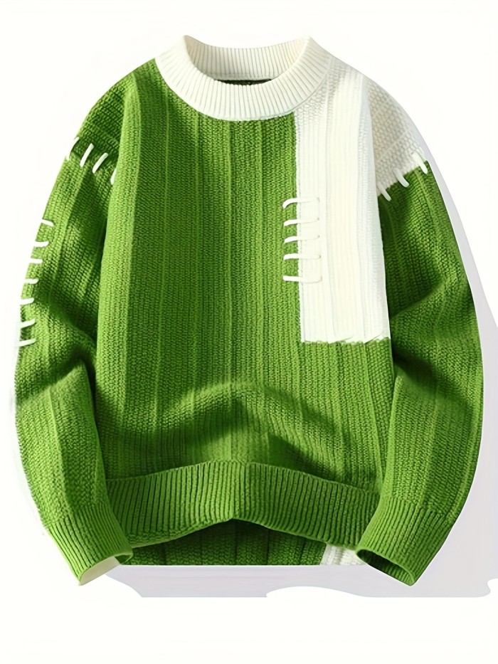 Men's Casual Geometric Knit Sweater, 24605, Nylon, Long Sleeve, Round Neck, Asymmetrical, Pullover, Regular Fit, All-Season Fashion Sweater