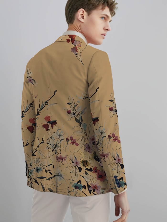 Men's Chinese Style Flowers Print Blazer Jacket, Regular Fit, Button Closure, Suit Lapel, All-Season Wear