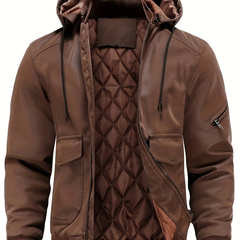 Stylish Multi-Pocket PU Leather Windbreaker Jacket - Men's Retro Classic Street Style Outerwear with Hood, Solid Color, and Adjustable Cuffs - Perfect for Casual Daily Wear