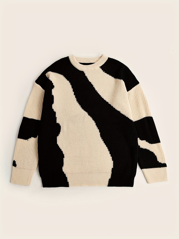 Mens Cable Knit Color Block Wave Sweater - Cozy & Fashionable Fall Winter Pullover - Comfortable Stretch Crew Neck for Versatile Style