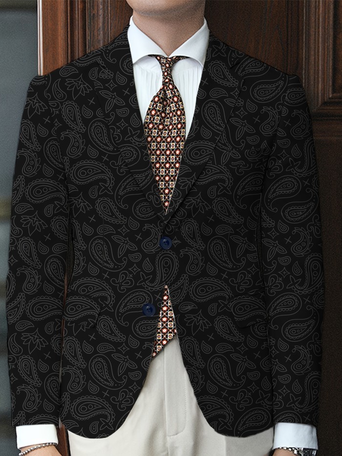 Men's Slim Fit Fashion Long Sleeves Blazer With Cartoon Pattern Print, Casual Four Seasons Suit Jacket With Notch Lapel