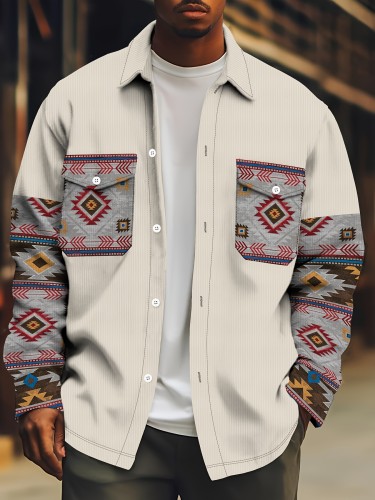 Men's Aztec Print Button-Up Shirt Jacket, Casual Spring\u002FFall Lightweight Fashion Streetwear, Long Sleeve Pocket Design Loose Fit Polyester Casual Outfit for Adults