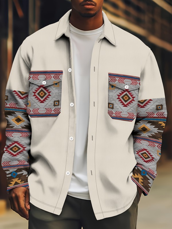 Men's Aztec Print Button-Up Shirt Jacket, Casual Spring\u002FFall Lightweight Fashion Streetwear, Long Sleeve Pocket Design Loose Fit Polyester Casual Outfit for Adults