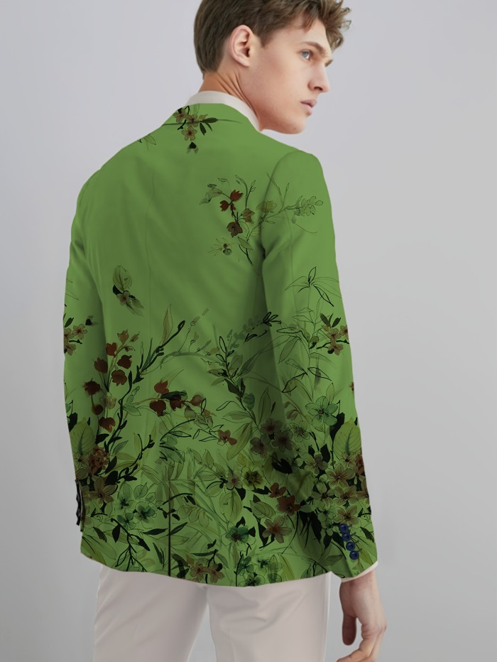 Men's Chinese Style Flowers Print Blazer Jacket, Regular Fit, Button Closure, Suit Lapel, All-Season Wear