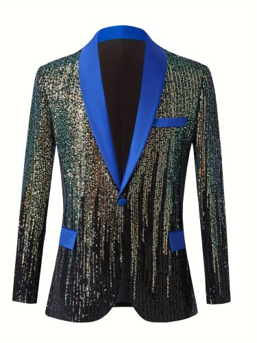 Men's Shiny Sequins One Button Blue Lapel Suit Jacket Blazer For Dinner Prom Party Wedding