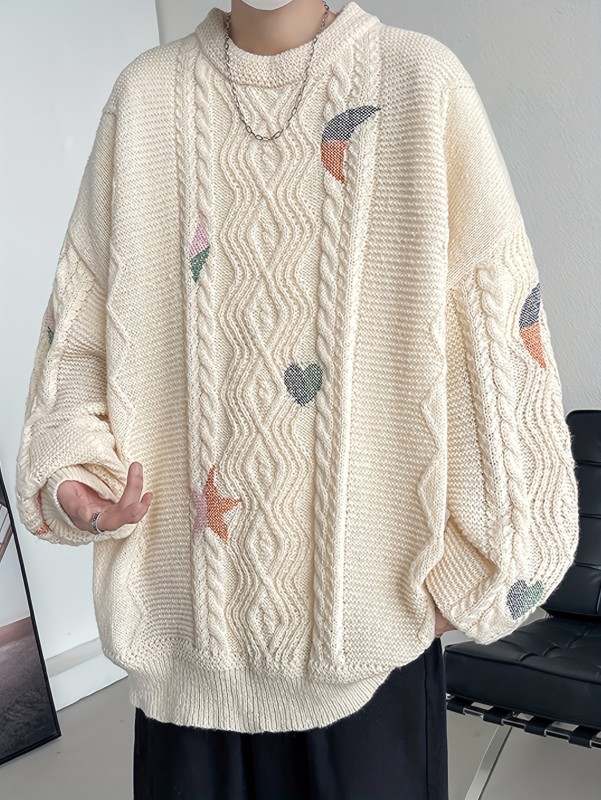 Cozy Starry Night Men's Knitted Pullover - Casual Long Sleeve Crew Neck Sweater for Fall Winter with Moon and Star Embroidery Graphic Print - Soft, Breathable, and Warm