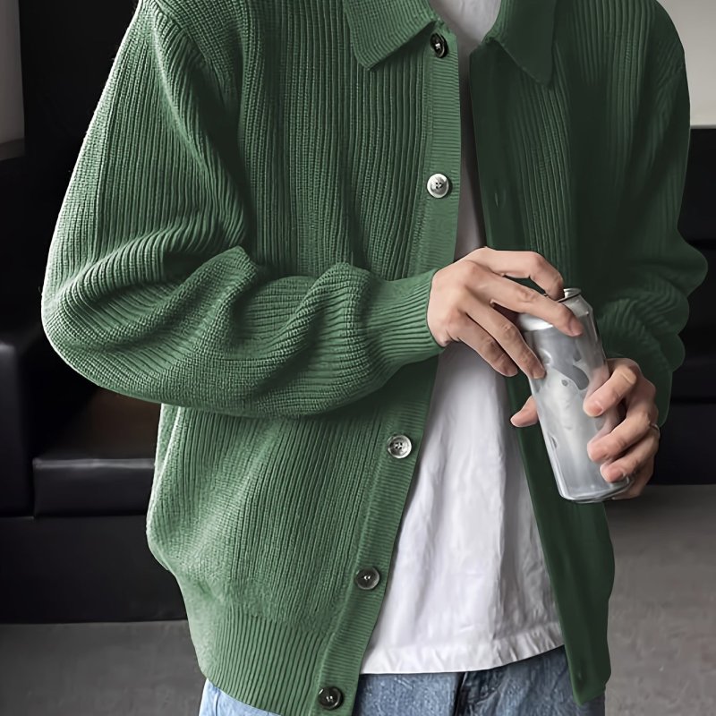 Men's Cozy Solid Knit Cardigan Sweater - Breathable, Mid-Stretch, Button-Up, Long Sleeve, Lapel Design, Casual Outdoor Wear for Hiking, Camping, and Daily Life - Soft, Lightweight, and Versatile