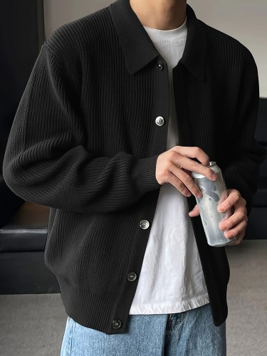 Men's Cozy Solid Knit Cardigan Sweater - Breathable, Mid-Stretch, Button-Up, Long Sleeve, Lapel Design, Casual Outdoor Wear for Hiking, Camping, and Daily Life - Soft, Lightweight, and Versatile