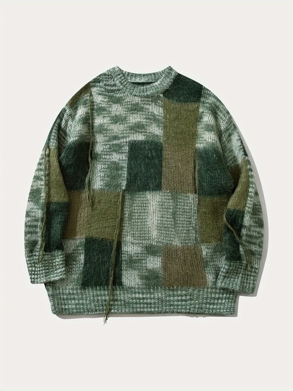 Vintage-Inspired Casual Knit Sweater with Tassel Detail - Cozy Long Sleeve Pullover for Fall\u002FWinter, Geometric Pattern
