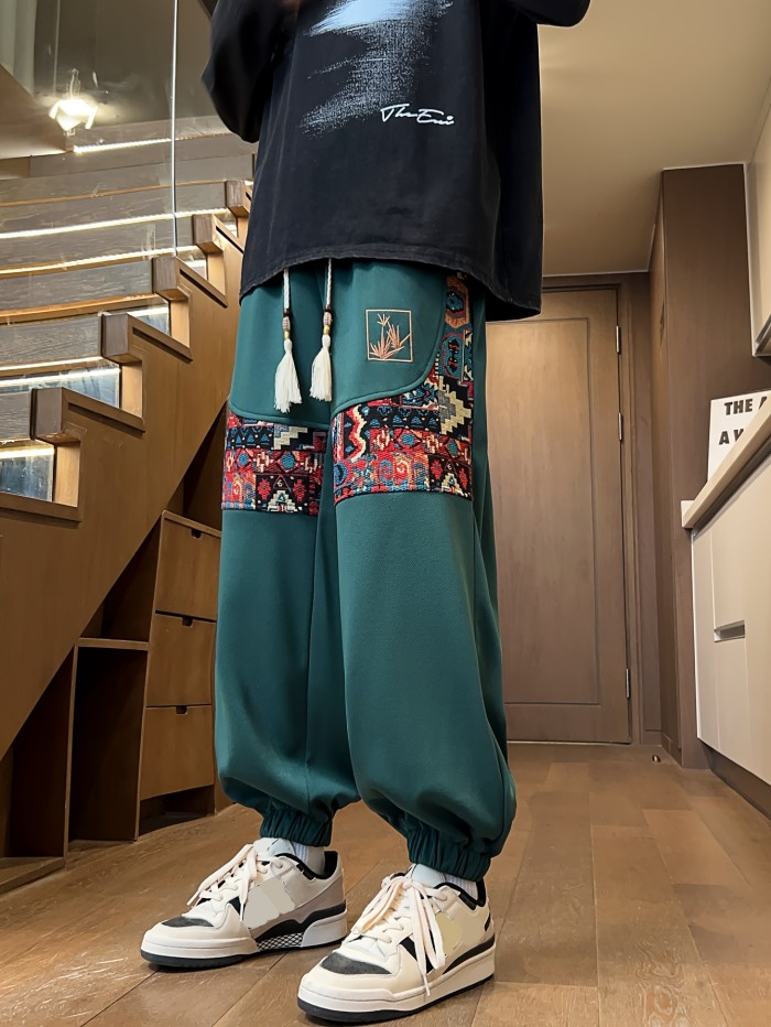 Men's Loose Ethnic Graphic Print Pants With Pockets, Casual Drawstring Joggers For Outdoor Activities Gift