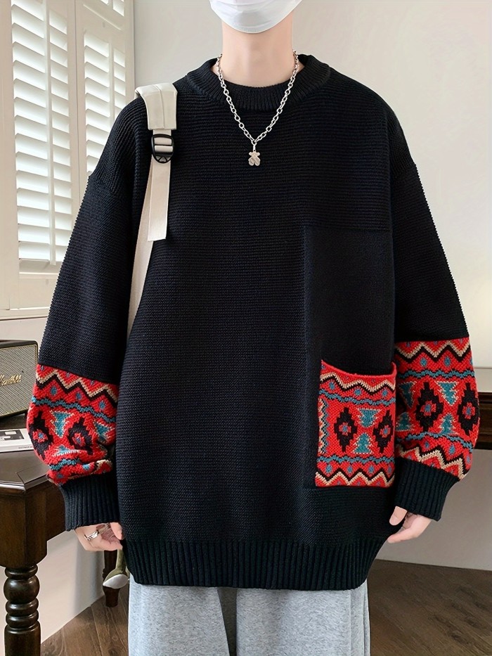 Men's Geometric Print Crew Neck Sweater - Loose Fit, Long Sleeve, Casual Knitted Pullover for Fall and Winter, Graphic Print Design
