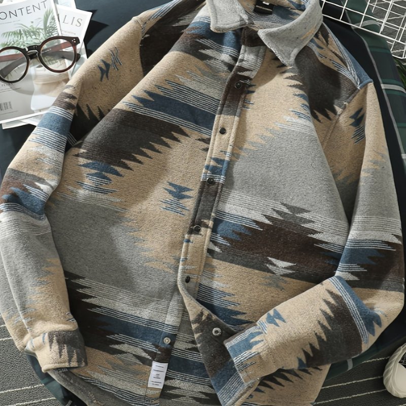 Vintage Ethnic Style Long-Sleeve Shirt - Loose Fit, Brushed, Thickened, Fall\u002FWinter Season, Women's Fashionable Jacket Shirt with Cozy Fabric and Relaxed Silhouette
