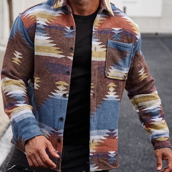 Stylish Tribal Geometry Shirt - Button-Down Shirts with Chest Pocket, Casual Lapel, Long Sleeve, Fall Winter Outdoor Wear, Perfect for Men's Casual Daily Life and Outdoor Activities