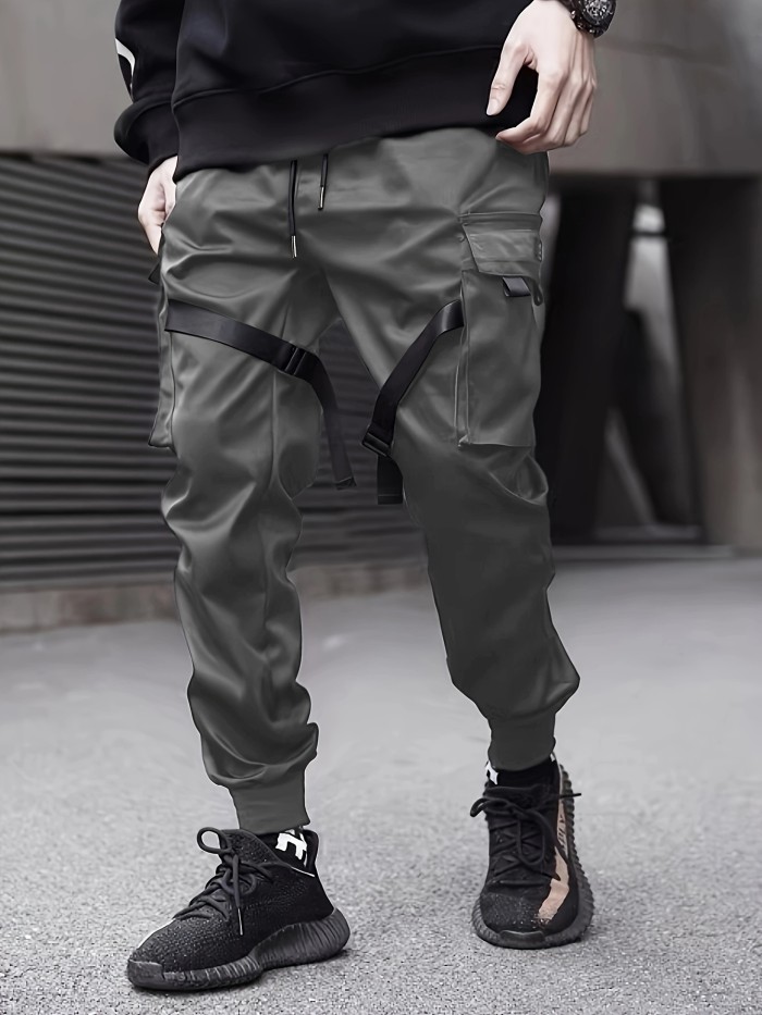 Mens Versatile Black Cargo Pants - Relaxed Fit with Multiple Pockets - Comfortable Streetwear for Casual and Outdoor Wear