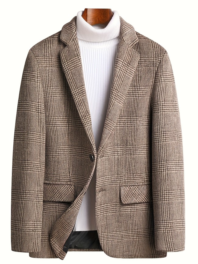 Men's Casual Plaid Blazer - Wool-Blend, Long Sleeve, Lapel Collar with Pockets for Fall\u002FWinter