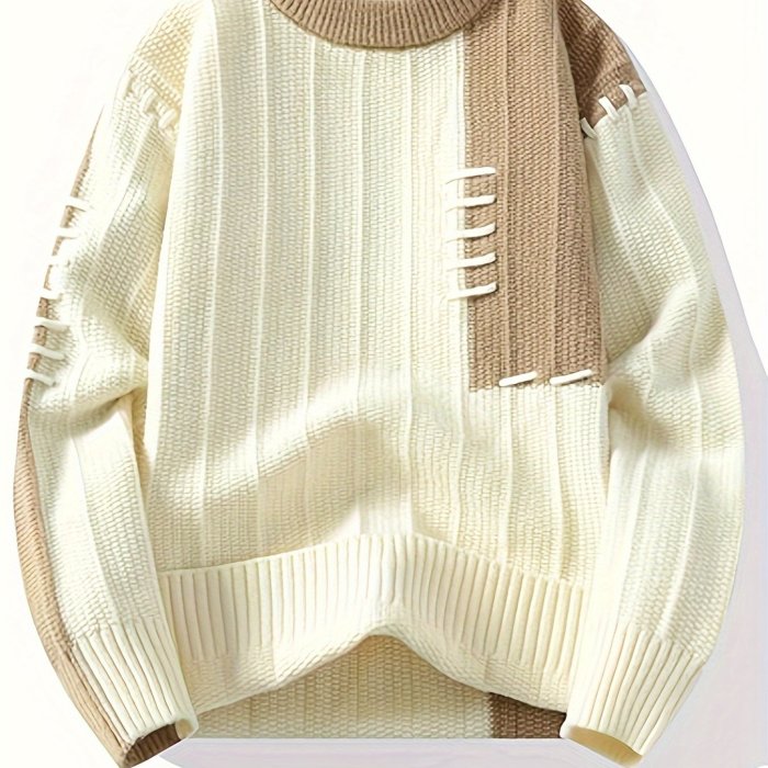 Men's Casual Geometric Knit Sweater, 24605, Nylon, Long Sleeve, Round Neck, Asymmetrical, Pullover, Regular Fit, All-Season Fashion Sweater