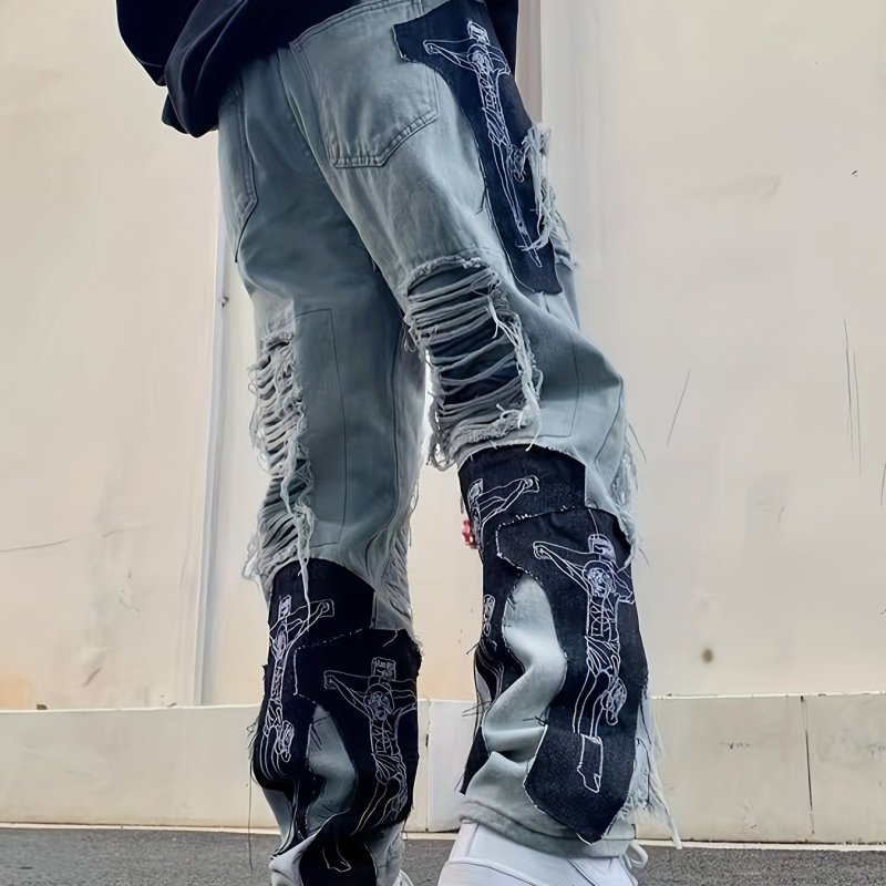 Mens Loose Fit Embroidered Distressed Jeans - High Street American Style, Straight Leg, HipHop Trendy, Worn Wide Leg Long Pants, Comfortable Denim Fabric, Fashionable Casual Wear