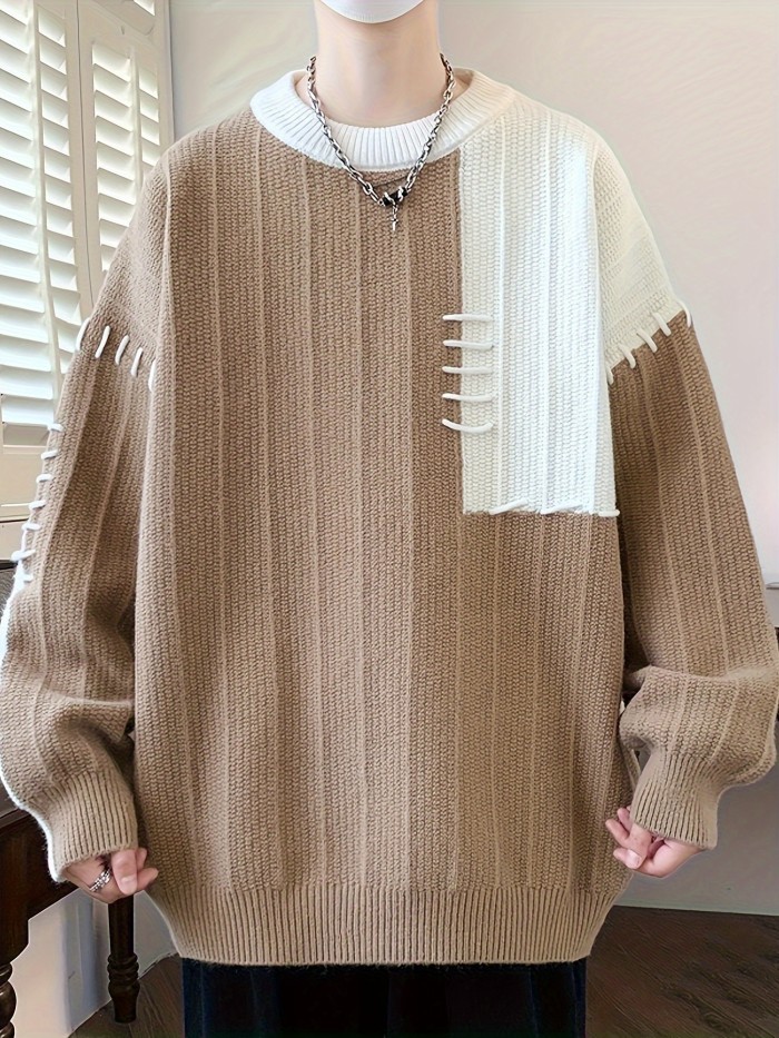 Men's Casual Geometric Knit Sweater, 24605, Nylon, Long Sleeve, Round Neck, Asymmetrical, Pullover, Regular Fit, All-Season Fashion Sweater