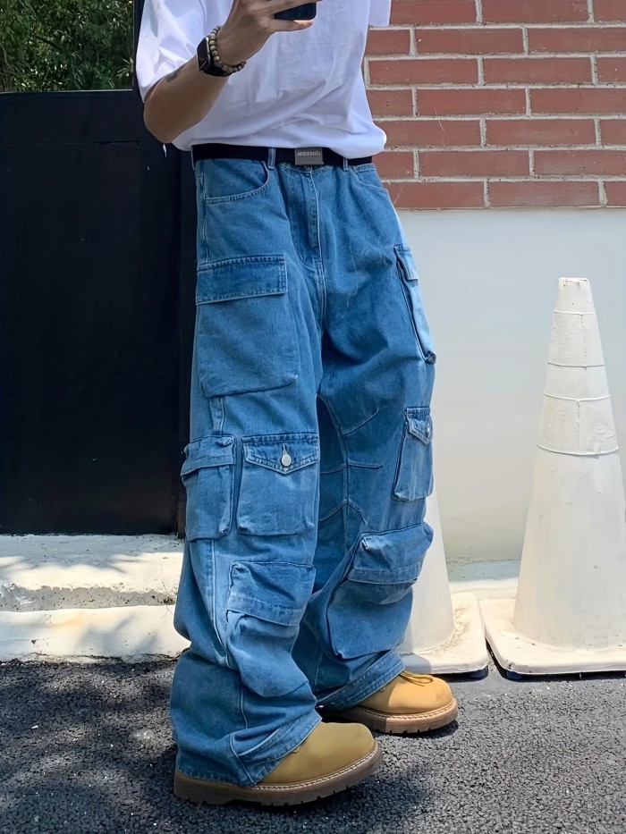Mens Fashion-Forward Wide Leg Pants - Stylish Multi Pocket Design, Loose Fit for Comfort, Durable Outdoor Wear, Work to K-pop Style