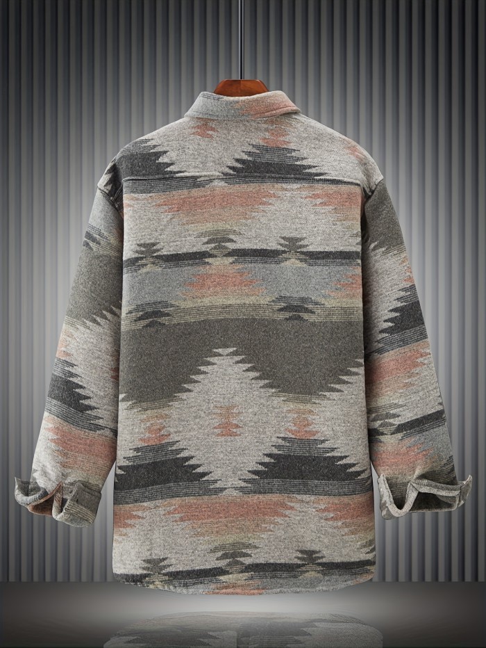 Stylish Tribal Geometry Shirt - Button-Down Shirts with Chest Pocket, Casual Lapel, Long Sleeve, Fall Winter Outdoor Wear, Perfect for Men's Casual Daily Life and Outdoor Activities