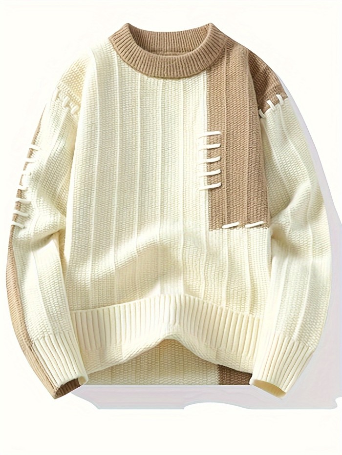 Men's Casual Geometric Knit Sweater, 24605, Nylon, Long Sleeve, Round Neck, Asymmetrical, Pullover, Regular Fit, All-Season Fashion Sweater