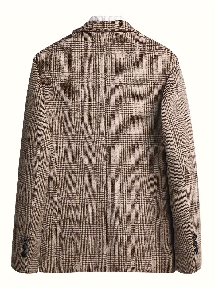 Men's Casual Plaid Blazer - Wool-Blend, Long Sleeve, Lapel Collar with Pockets for Fall\u002FWinter