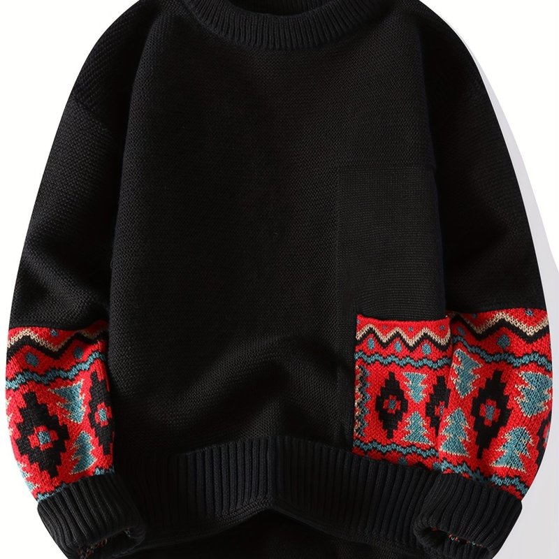 Men's Geometric Print Crew Neck Sweater - Loose Fit, Long Sleeve, Casual Knitted Pullover for Fall and Winter, Graphic Print Design