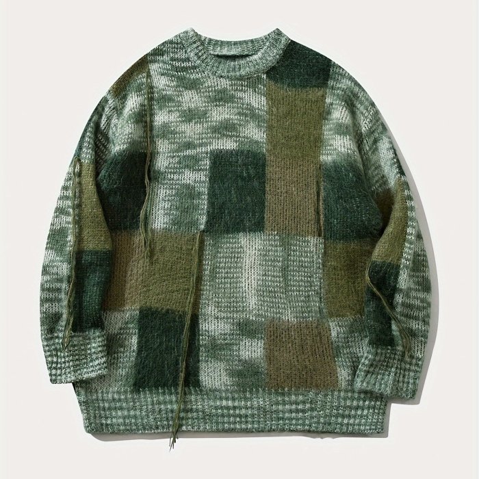 Vintage-Inspired Casual Knit Sweater with Tassel Detail - Cozy Long Sleeve Pullover for Fall\u002FWinter, Geometric Pattern