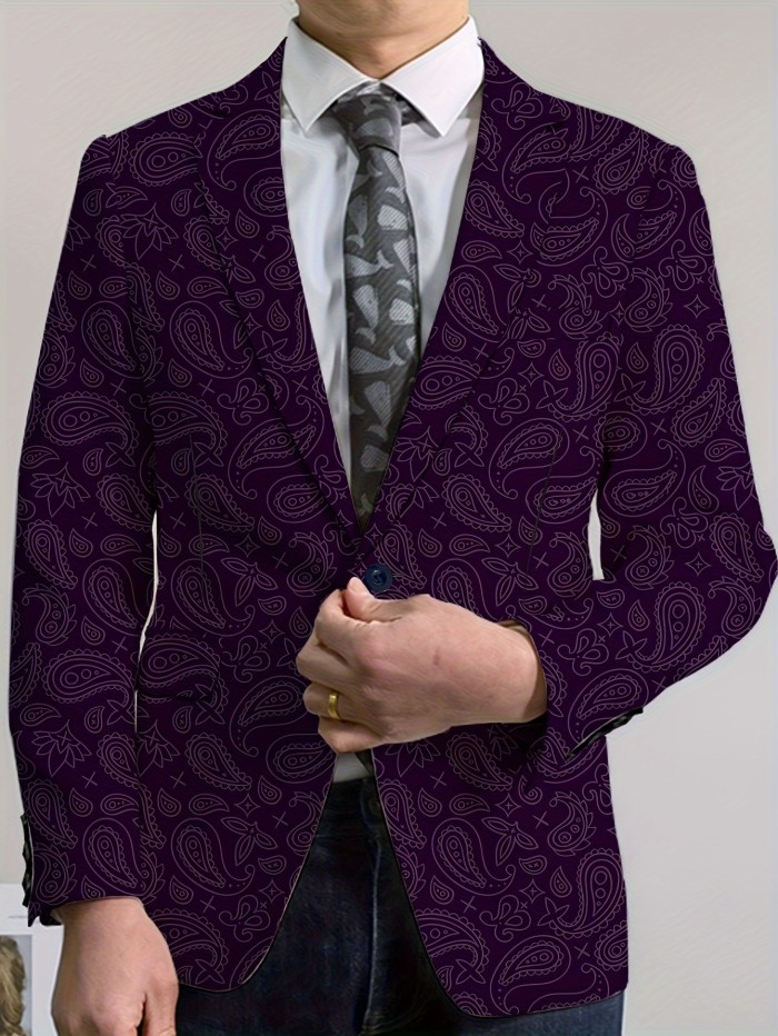 Men's Slim Fit Fashion Long Sleeves Blazer With Cartoon Pattern Print, Casual Four Seasons Suit Jacket With Notch Lapel