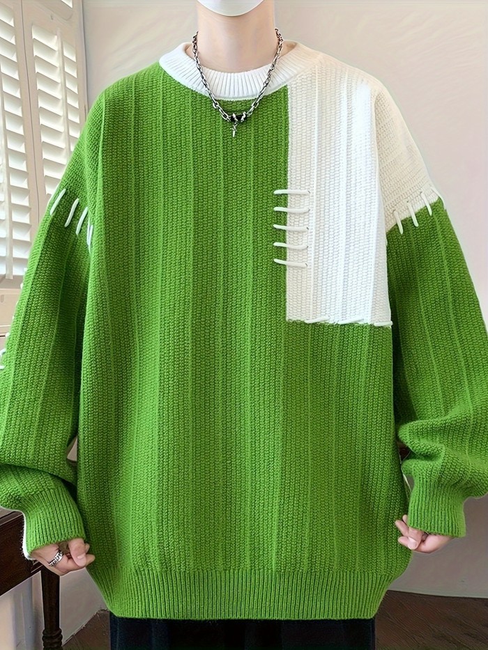 Men's Casual Geometric Knit Sweater, 24605, Nylon, Long Sleeve, Round Neck, Asymmetrical, Pullover, Regular Fit, All-Season Fashion Sweater