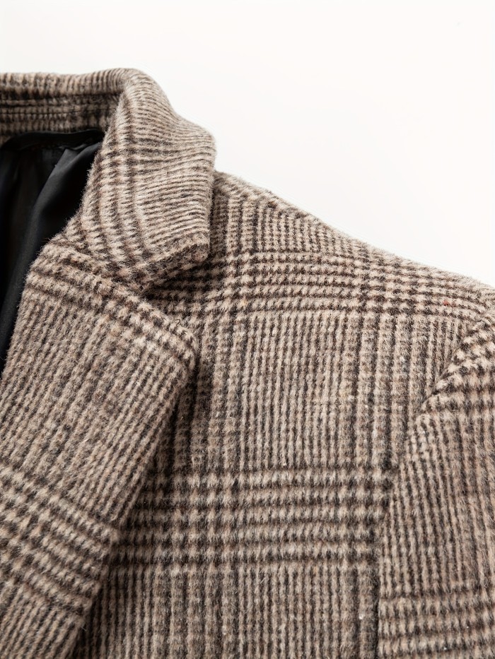 Men's Casual Plaid Blazer - Wool-Blend, Long Sleeve, Lapel Collar with Pockets for Fall\u002FWinter