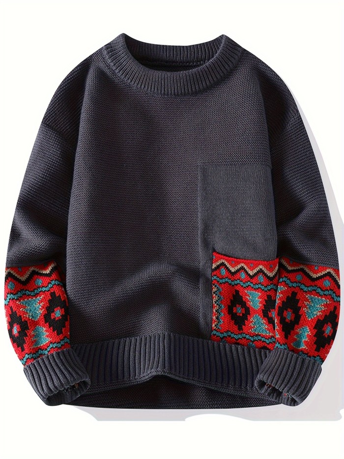 Men's Geometric Print Crew Neck Sweater - Loose Fit, Long Sleeve, Casual Knitted Pullover for Fall and Winter, Graphic Print Design