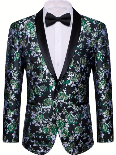 Men's Floral Jacquard Blazer, V-Neck, Button Detail, Polyester, Vintage Style, Regular Fit, Long Sleeves, No Belt, All-Season, Suitable for Weddings & Formal Events
