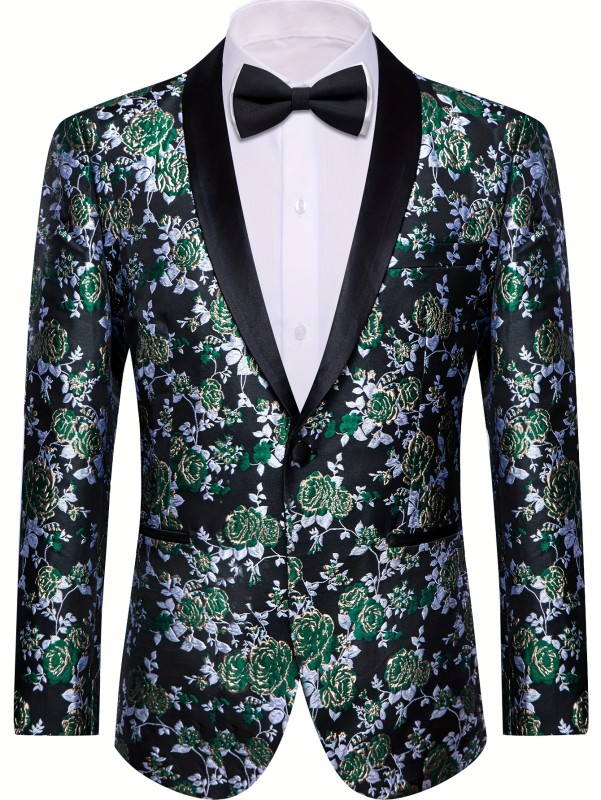 Men's Floral Jacquard Blazer, V-Neck, Button Detail, Polyester, Vintage Style, Regular Fit, Long Sleeves, No Belt, All-Season, Suitable for Weddings & Formal Events