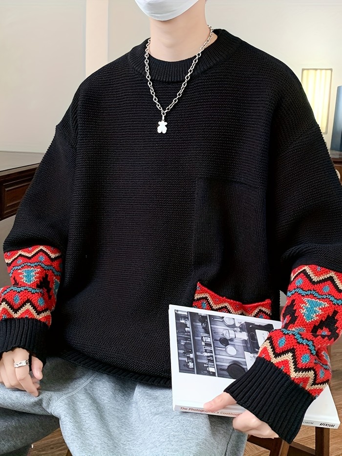 Men's Geometric Print Crew Neck Sweater - Loose Fit, Long Sleeve, Casual Knitted Pullover for Fall and Winter, Graphic Print Design