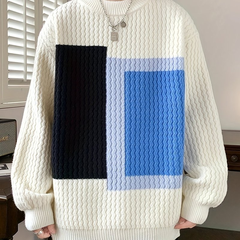 Stylish Geometric Print Knitted Crew Neck Pullover - Men's Casual Long Sleeve Sweater for Fall Winter - Soft, Cozy, and Versatile