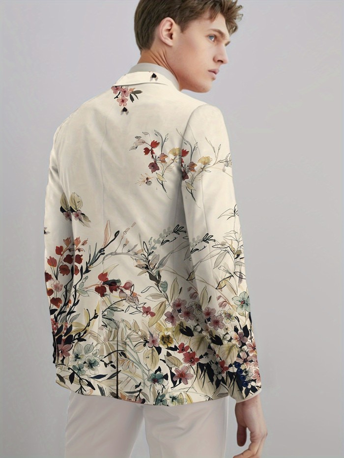 Men's Chinese Style Flowers Print Blazer Jacket, Regular Fit, Button Closure, Suit Lapel, All-Season Wear