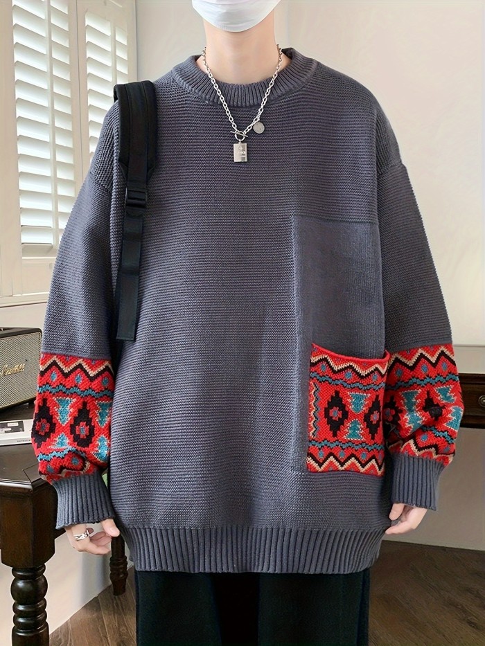 Men's Geometric Print Crew Neck Sweater - Loose Fit, Long Sleeve, Casual Knitted Pullover for Fall and Winter, Graphic Print Design