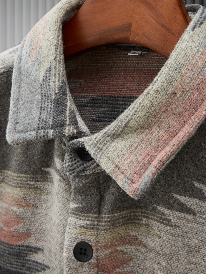 Stylish Tribal Geometry Shirt - Button-Down Shirts with Chest Pocket, Casual Lapel, Long Sleeve, Fall Winter Outdoor Wear, Perfect for Men's Casual Daily Life and Outdoor Activities