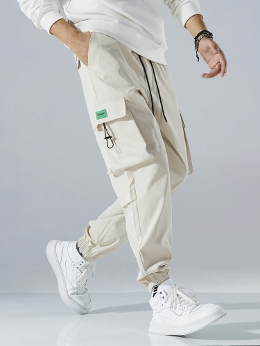 Men's Fashion White Casual Work Pant, Polyester, Regular Length, No Stretch, Letter Pattern, Pocket Detail, Adult Fit, Woven Fabric