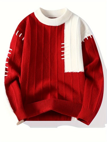 Men's Casual Geometric Knit Sweater, 24605, Nylon, Long Sleeve, Round Neck, Asymmetrical, Pullover, Regular Fit, All-Season Fashion Sweater